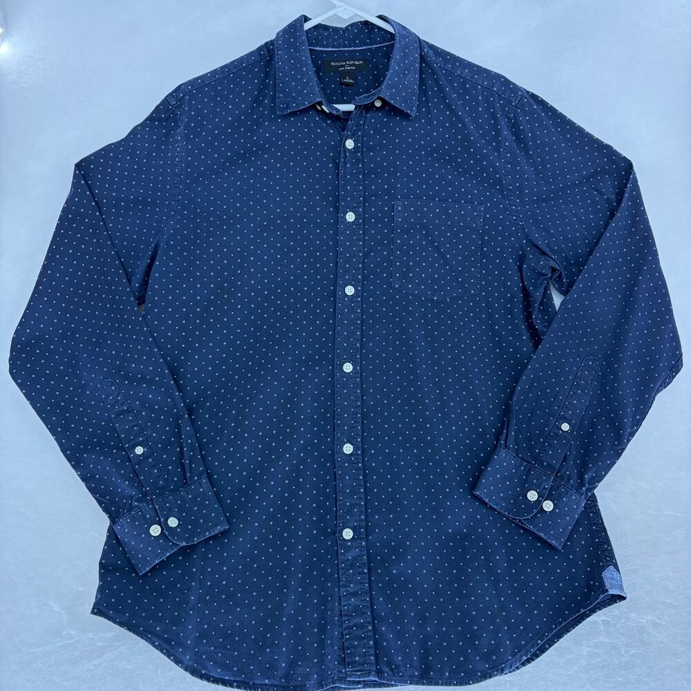 Banana Republic Slim Stretch Navy Dot Print Shirt L